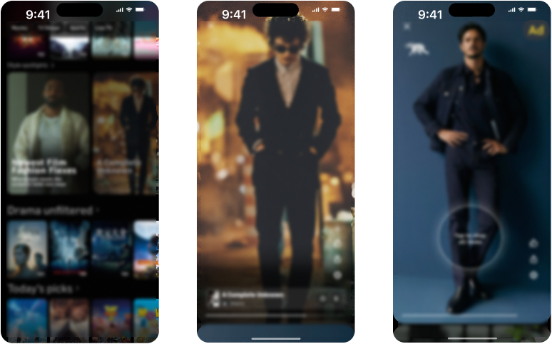 one full app screen with actor in movie walking, and two partial app screens without content visible